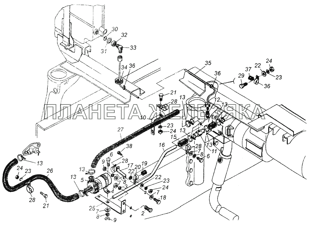 Установка трубопроводов подогревателя МАЗ-64226
